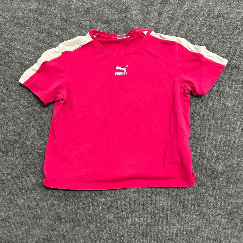 Puma T-Shirt Womens Size L Pink White Stripe Short Sleeve Athletic Sporty 595375
